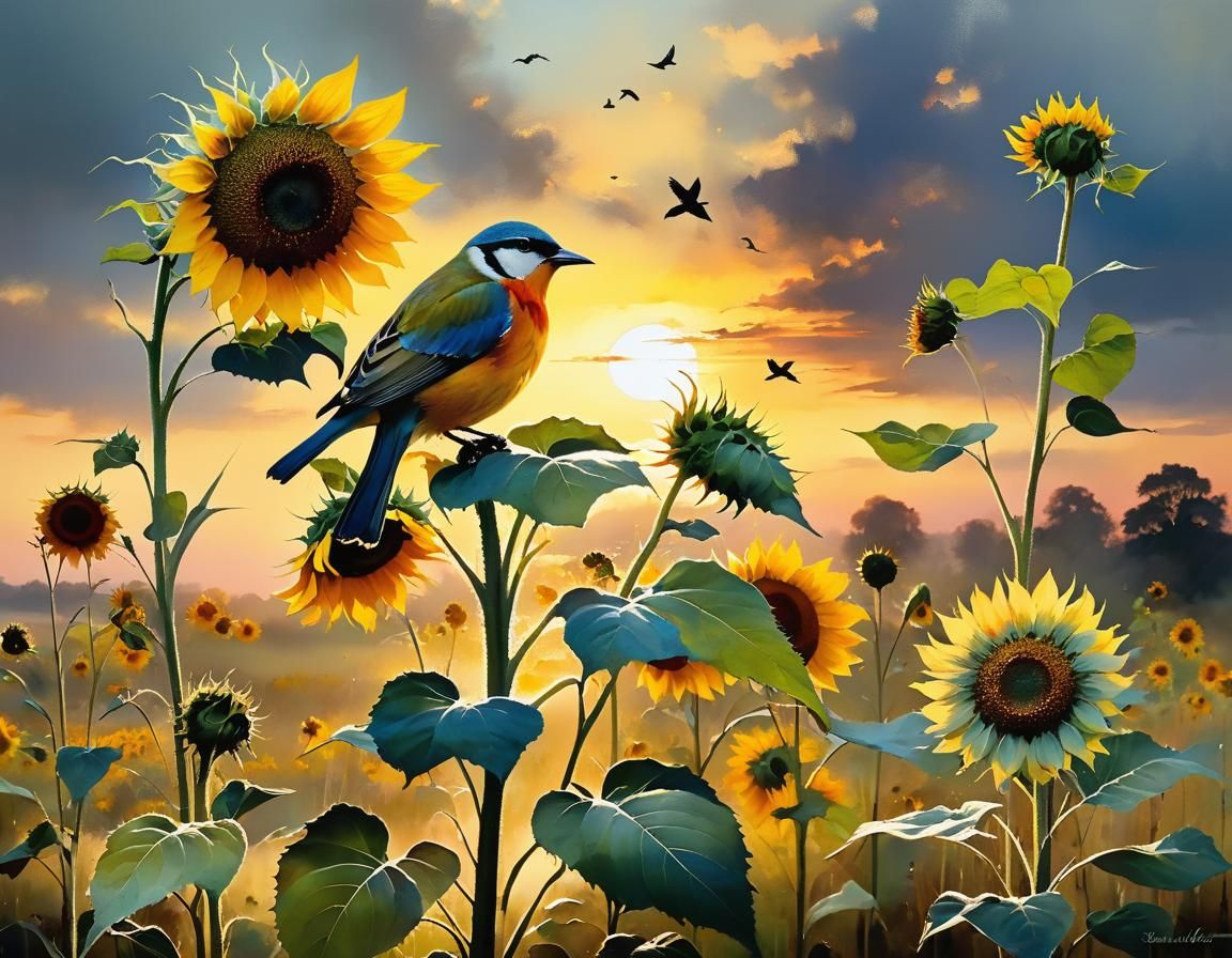 Sunflower and Bird at Sunset: Detailed Impressionistic Art