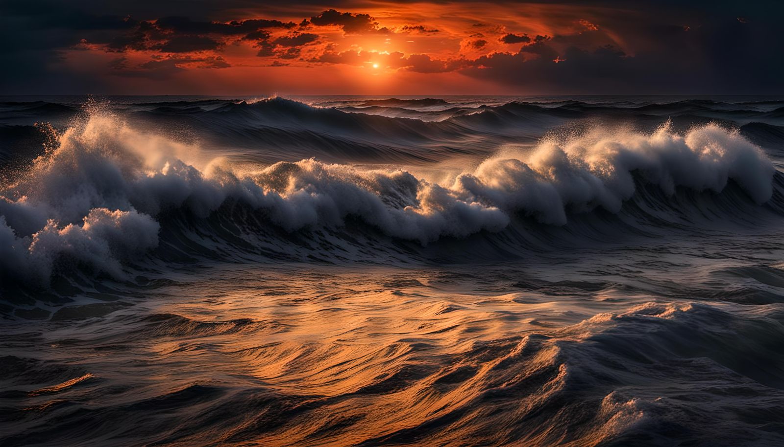 Dramatic Night Ocean Waves Under Fiery Sky