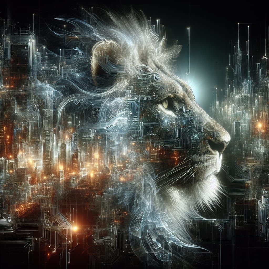 Cyberpunk Lion Cityscape in Holographic Style