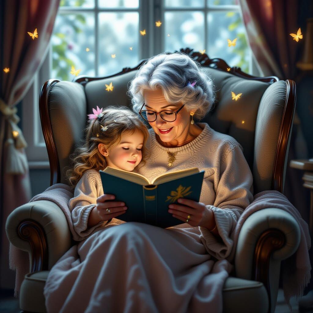 Grandmother Reading Fairy Tales with Luminous Fairies