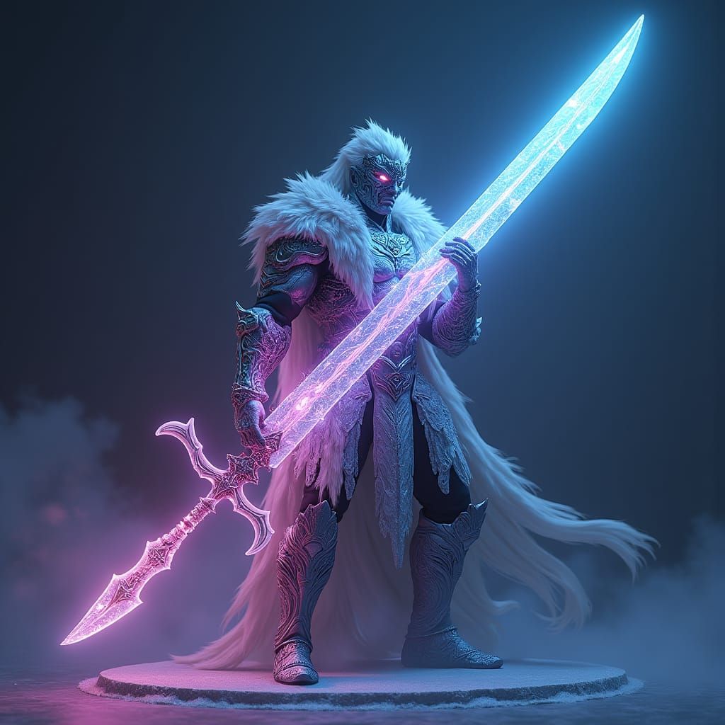 Astral Neon Frostblade: Heroic Warrior with Crystalline Swor...