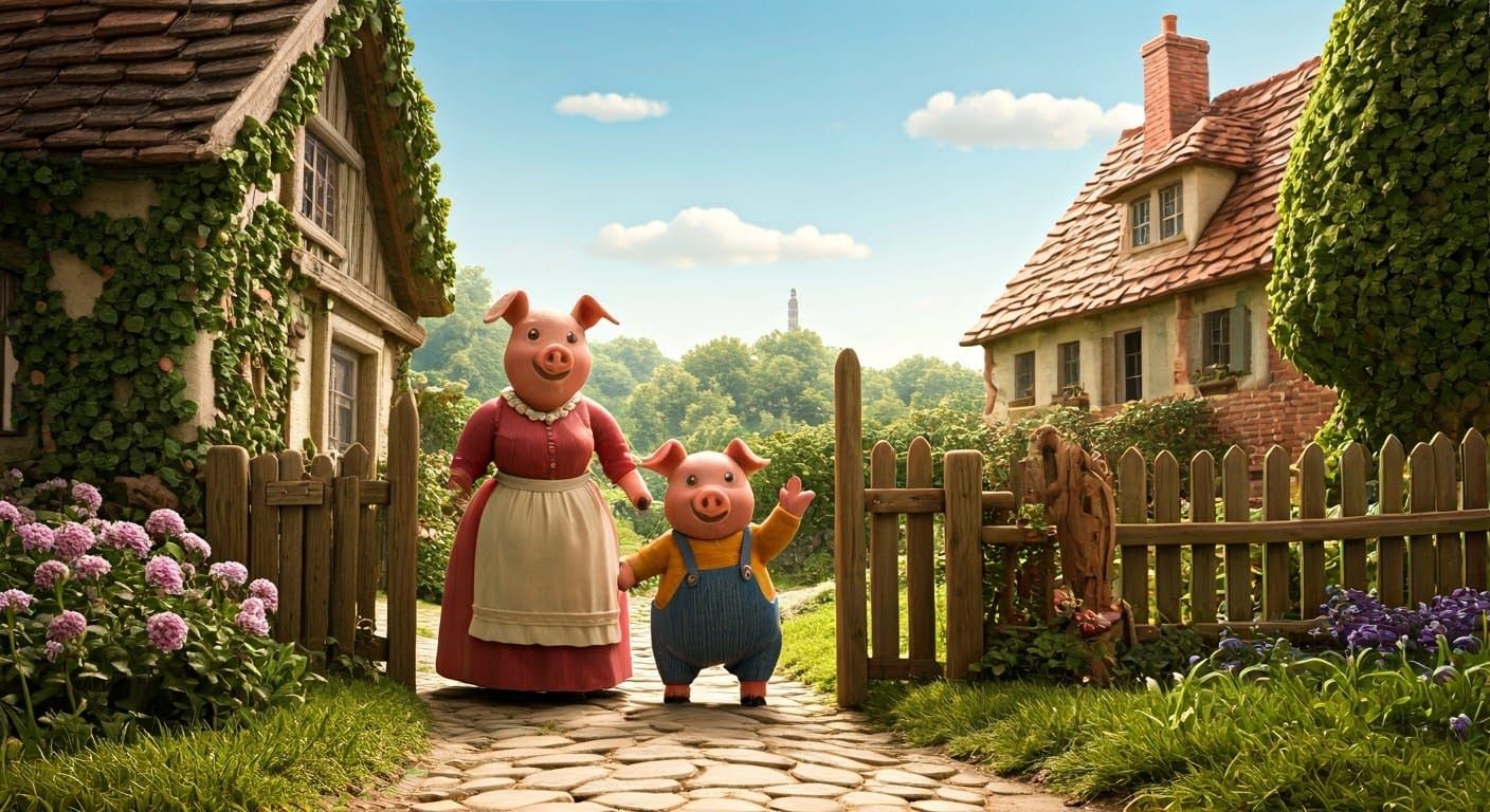 Three Little Pigs Bid Farewell to Mother Sow in Whimsical 3D...