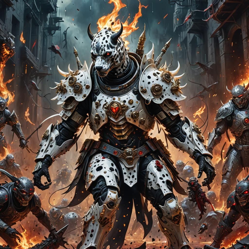 Angelic Dalmatian Soldier Battles Demons in Hellscape