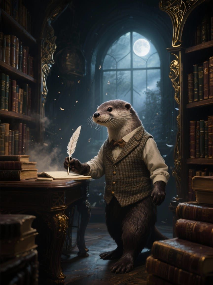 Otter in Library with Quill, Art Nouveau Style