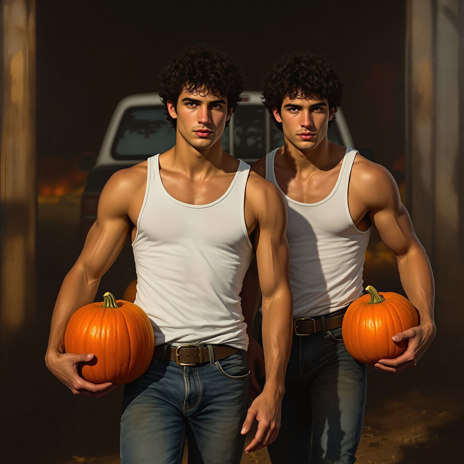 Realistic Oil Painting of Twin Brothers Carrying Pumpkins