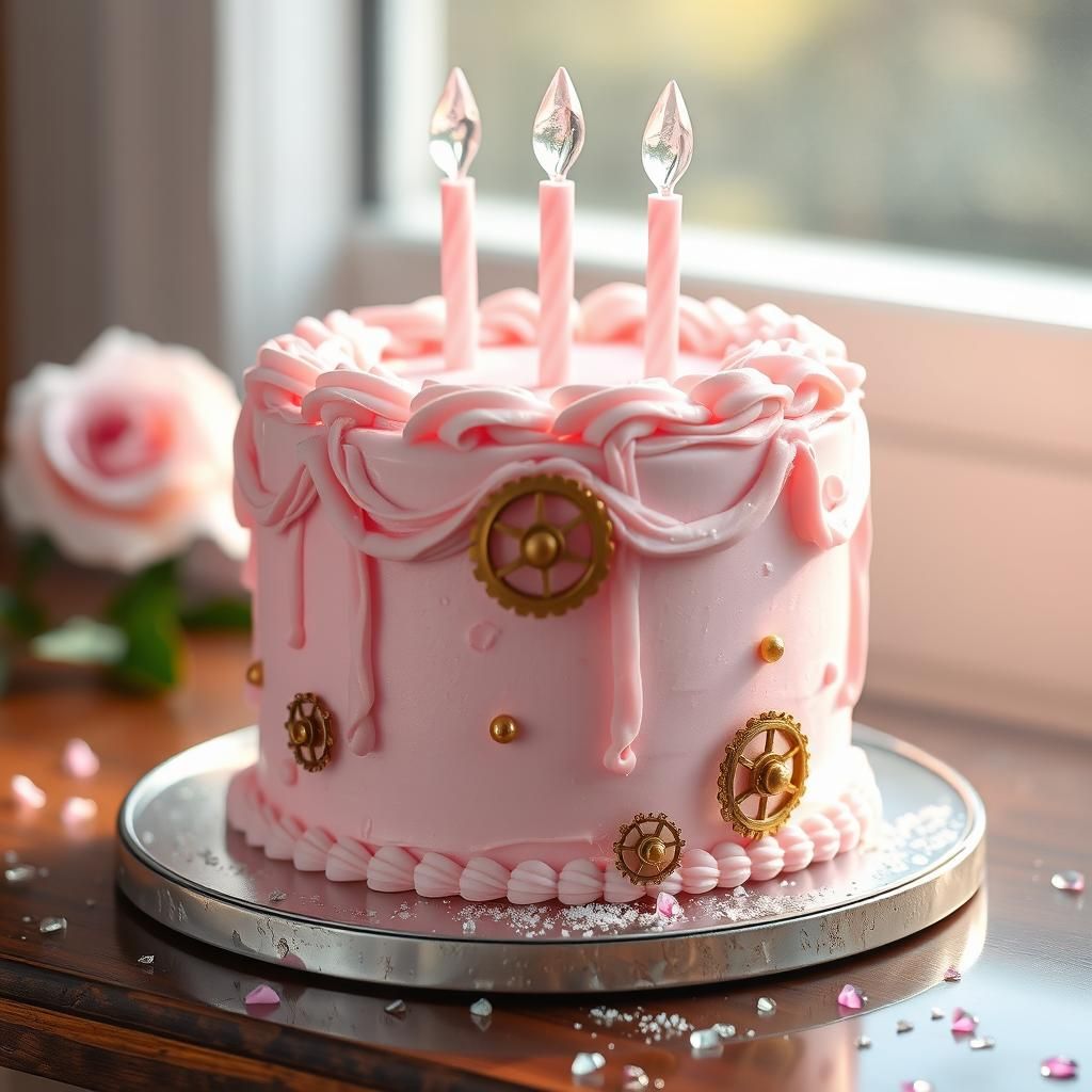 Steampunk Cute Pale Pink Birthday Cake with Crystal Dew Drop...