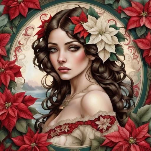 Poinsettia Woman Portrait in Art Nouveau Style