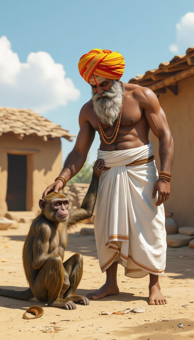Indian Man and Monkey in Photorealistic 3D Rendering