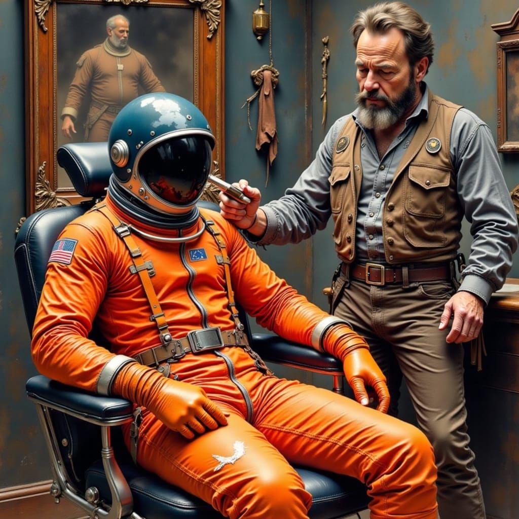 Spaceman Getting Shaved by Cowboy Barber