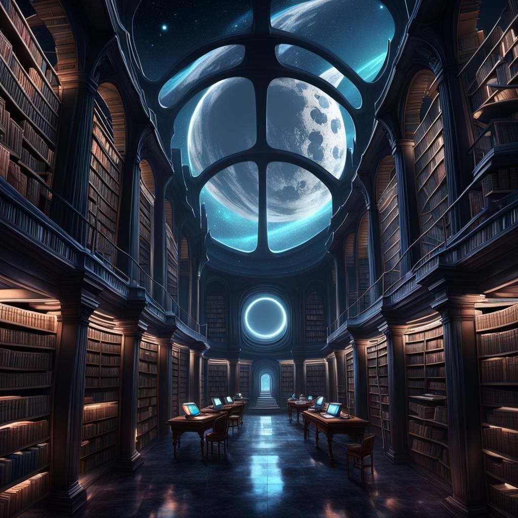 Galactic Dark Academia Library on Lunar Landscape