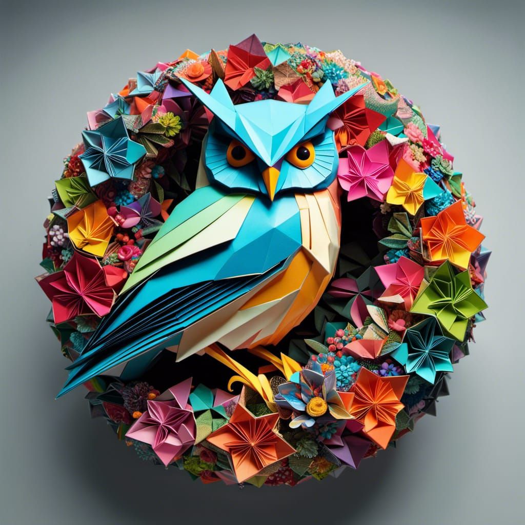 Colorful Origami Owl on Branch in Paper Art Style