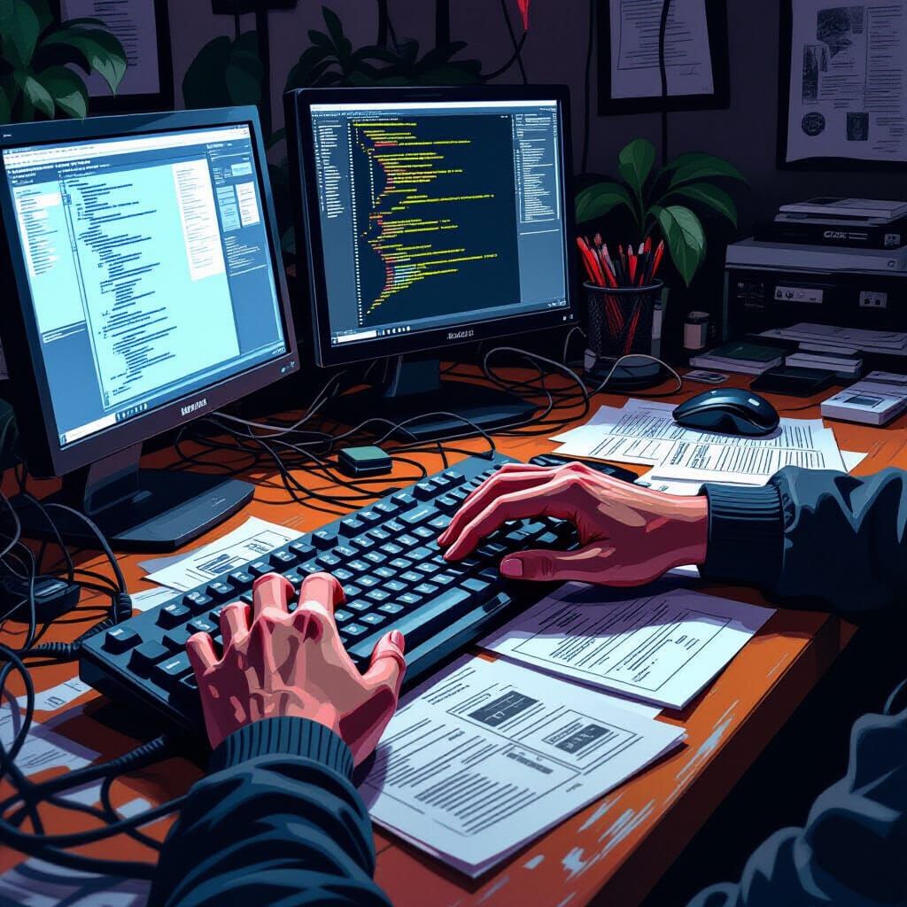 Coding Hands in Digital Cyberpunk Style
