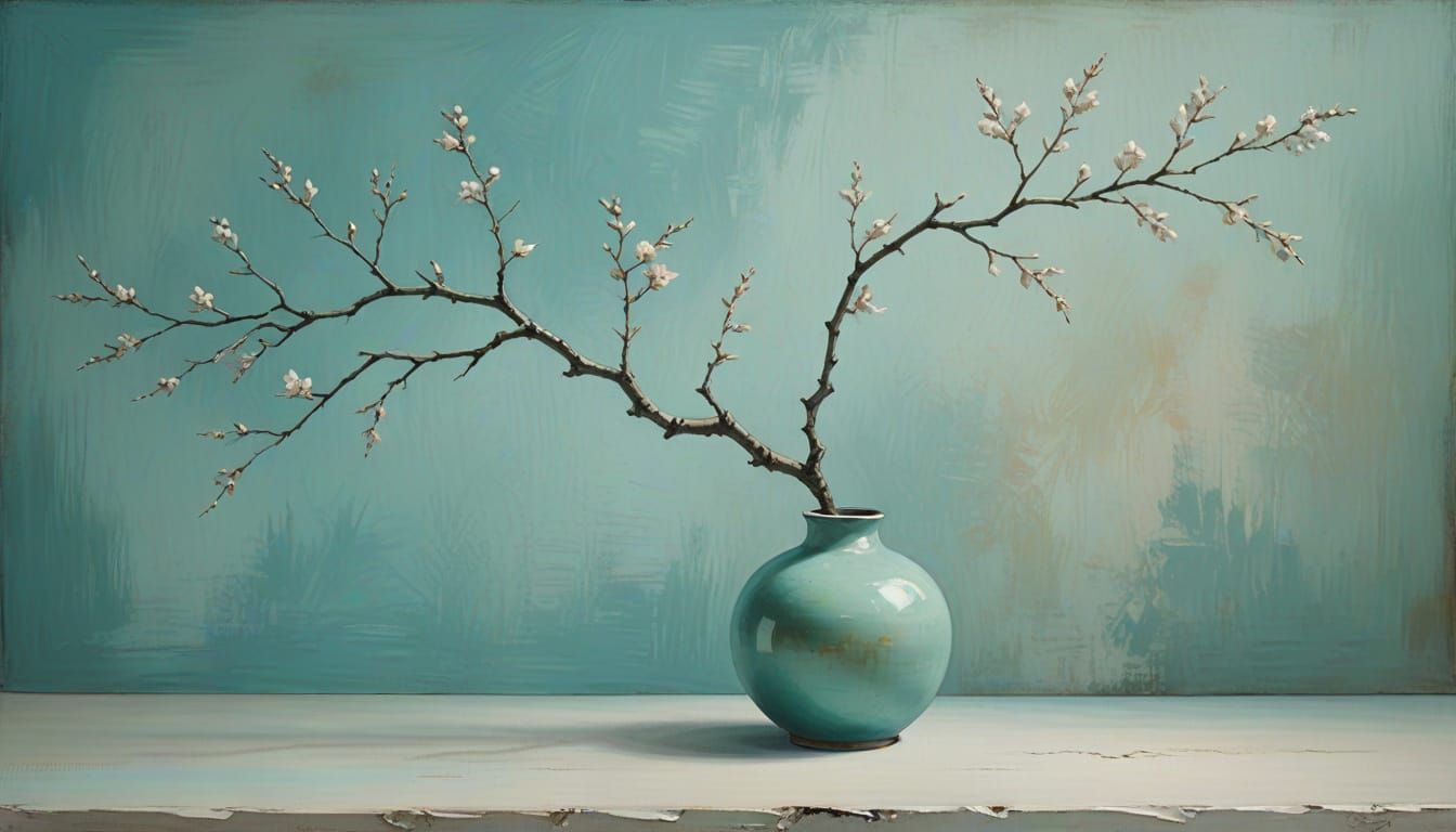 Zen Ikebana Branch in Turquoise Light