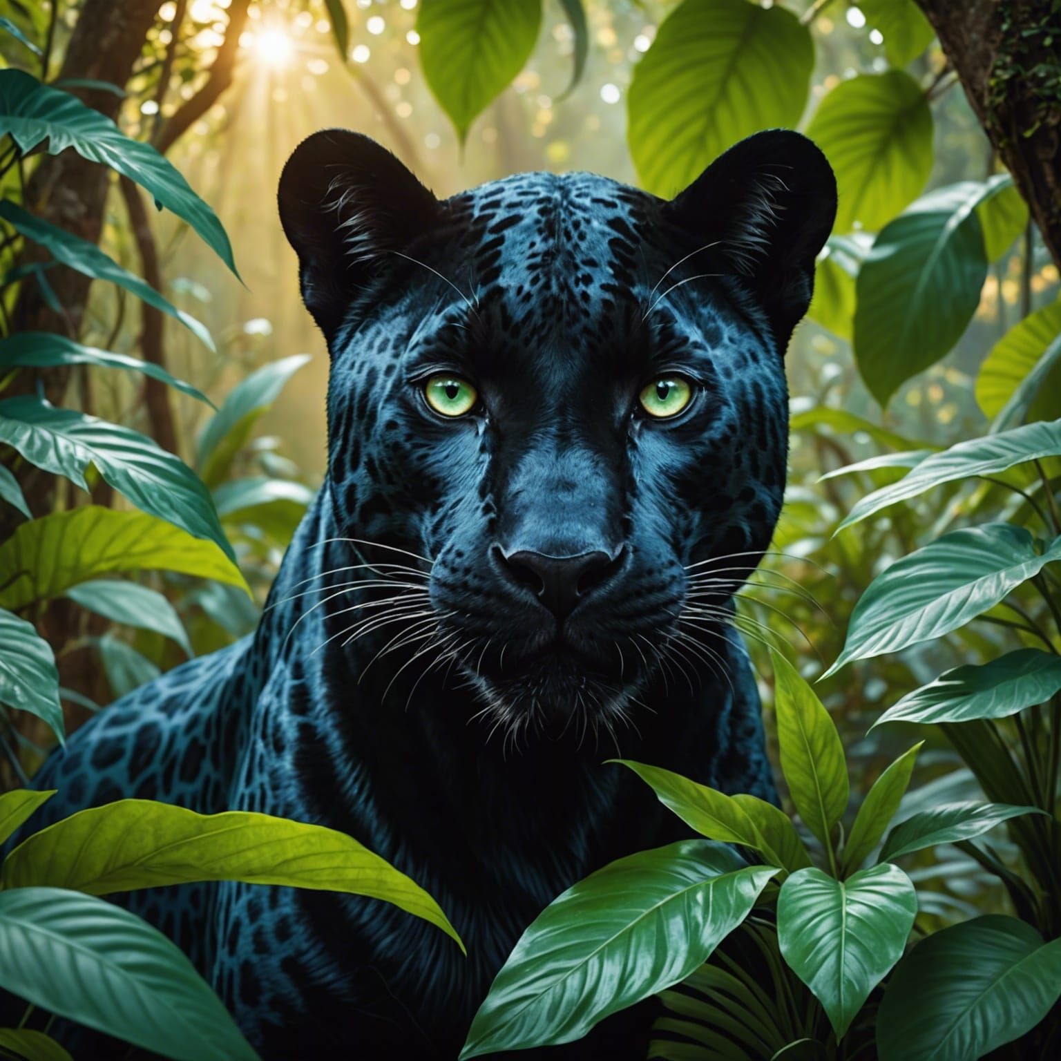 Blue-Eyed Black Panther in Jungle Sunset