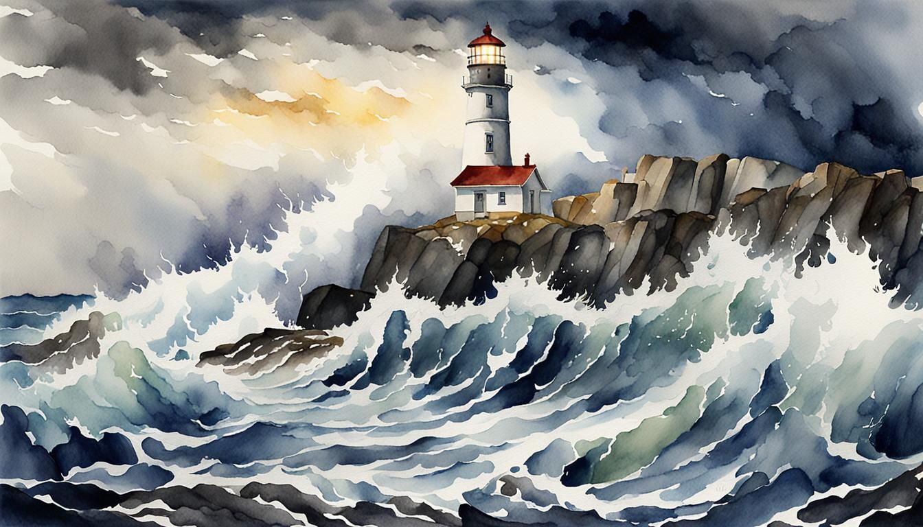 Lighthouse Battling Storm in Watercolor Painting