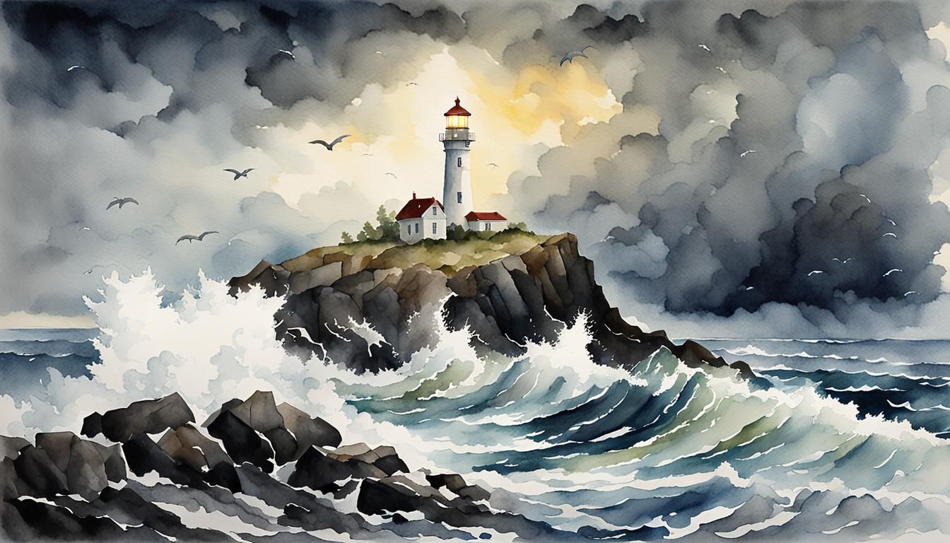 Lighthouse Battling Storm in Watercolor Style