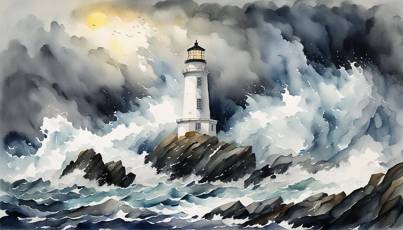 Lighthouse Battling Storm in Watercolor Wet Wash