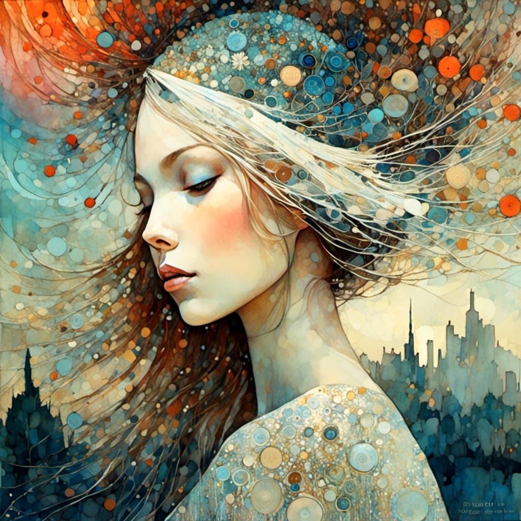 Girl on Windy Hill at Sunset in Art Brut Style