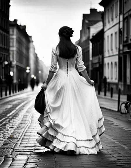 Edwardian Woman on Cobblestone Street, Black and White Photo...