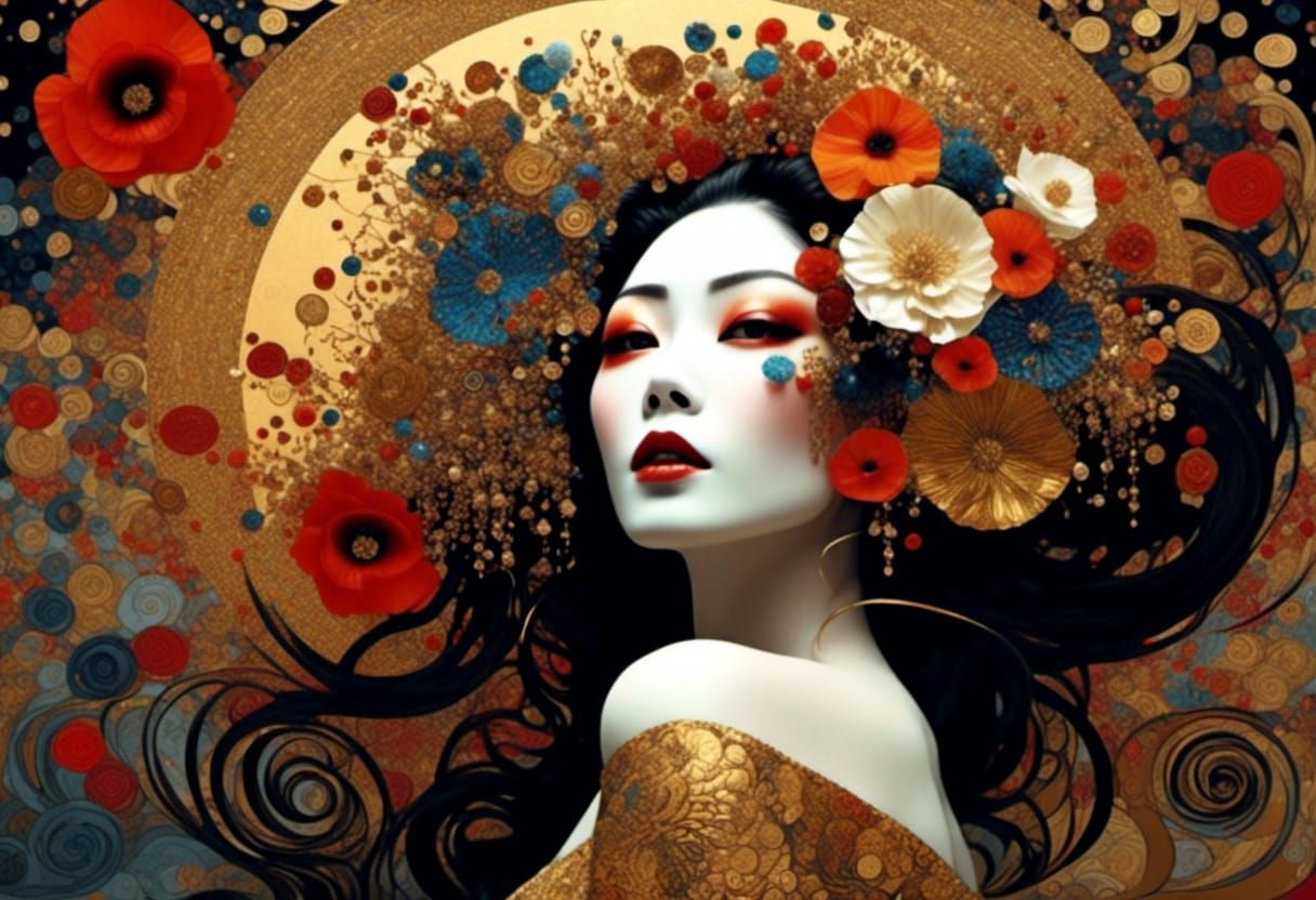 Golden Geisha Portrait in Art Nouveau Style