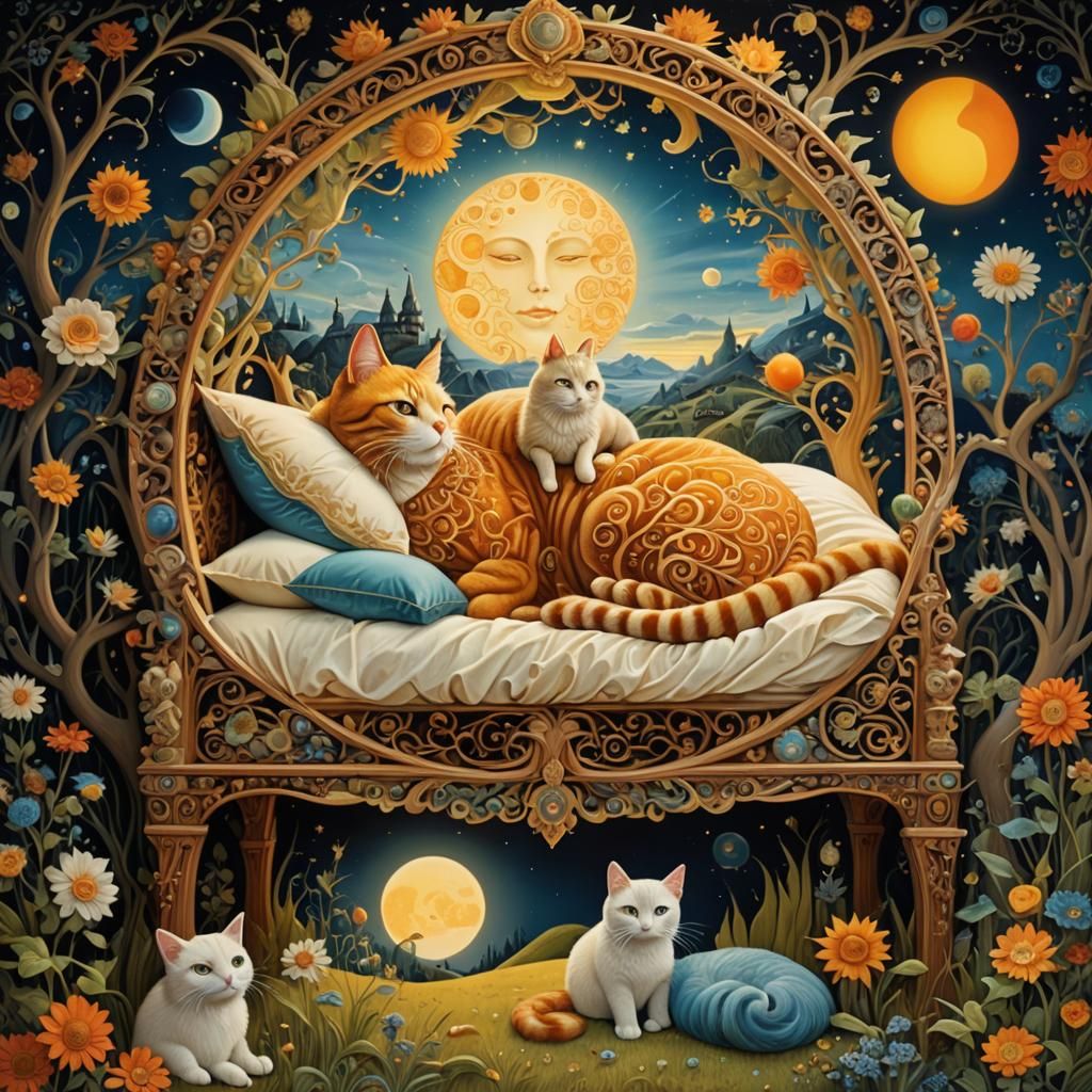 Woman and Cat Lounging in Sun and Moon Bed