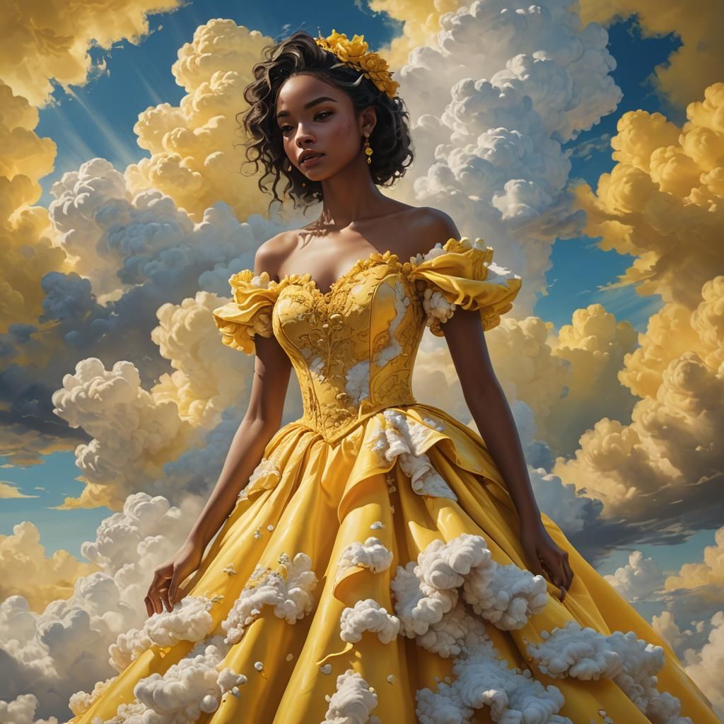 Yellow Cloud Ballgown: Hyperrealistic Concept Art