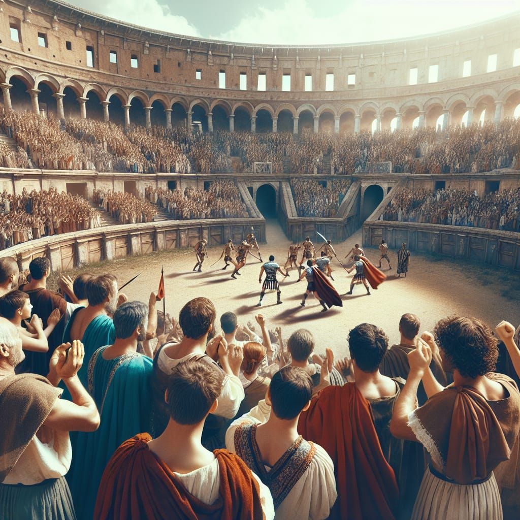 Ancient Roman Coliseum Throngs with Fierce Gladiator Battle