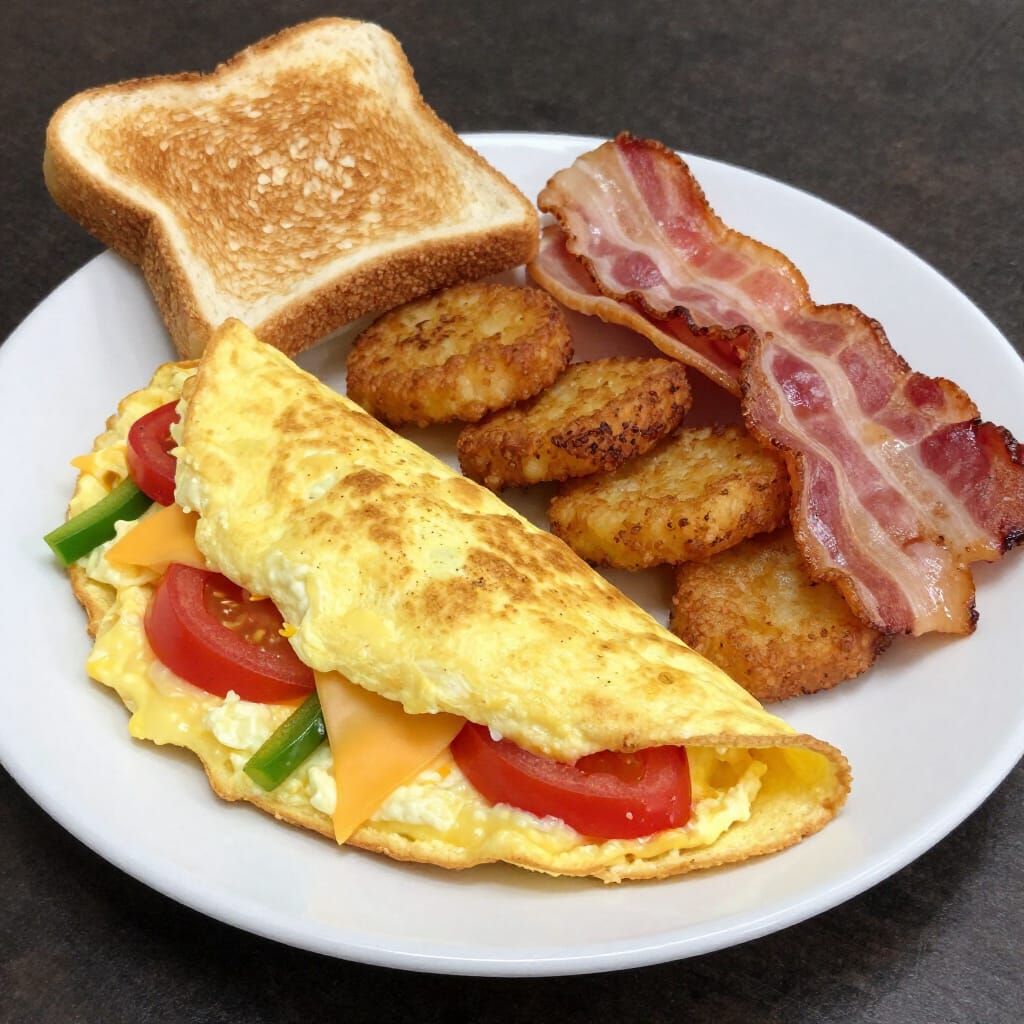 Realistic Breakfast Omelette with Bacon and Hash Browns