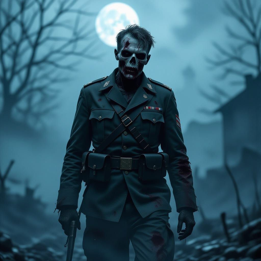 Zombie Soldier in Eerie Gothic Horror Landscape