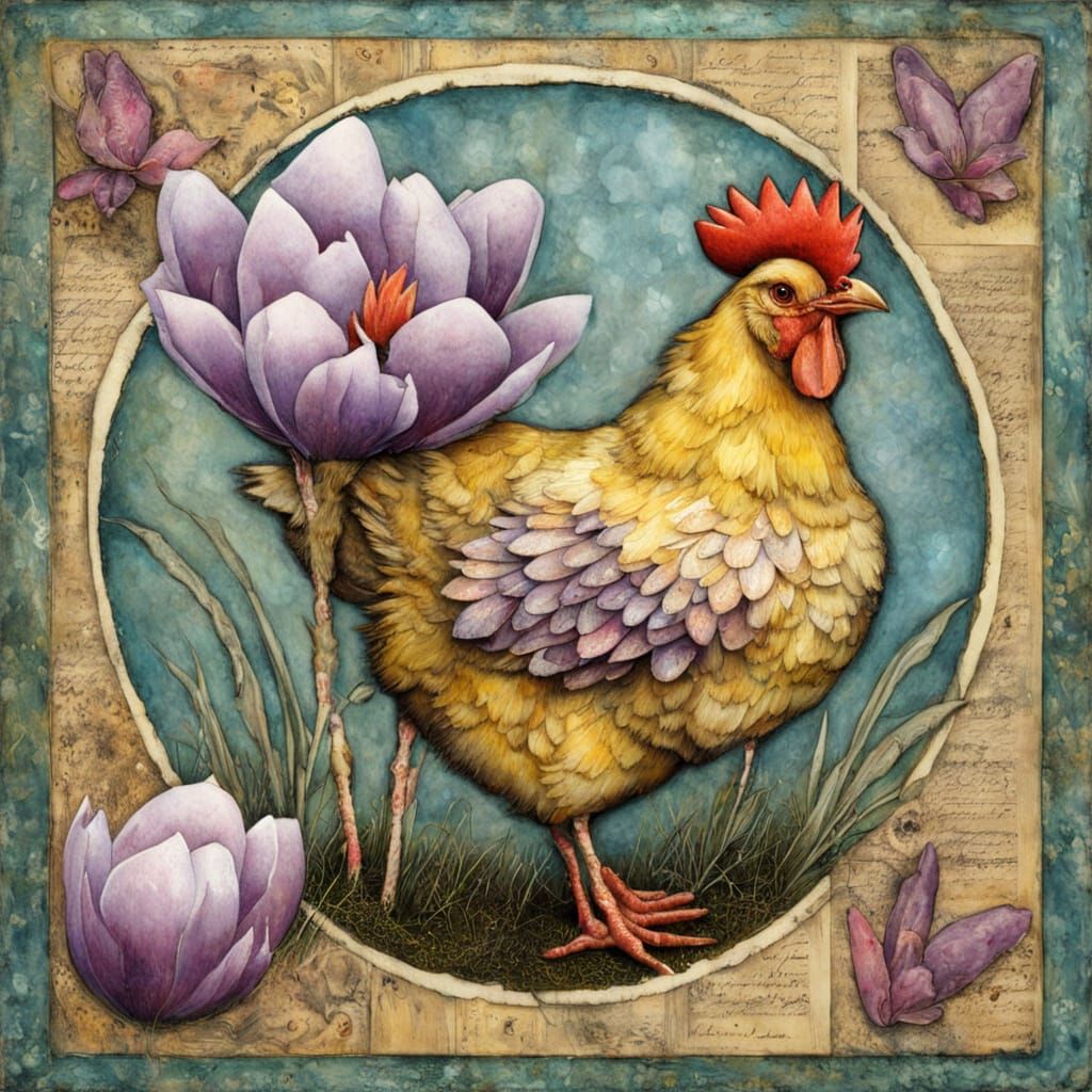 Vibrant Easter Chicken in Lowbrow Art Style with Floral Acce...