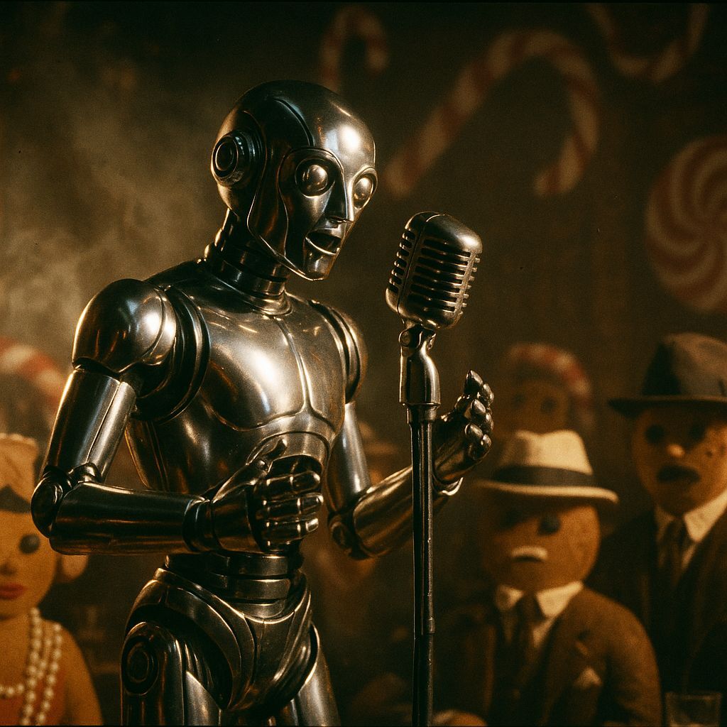 Robot Crooner in Candy Speakeasy, Vintage Film Style