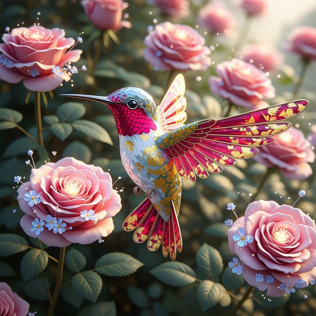 Crystal Hummingbird in Rose Bush, Art Nouveau Style