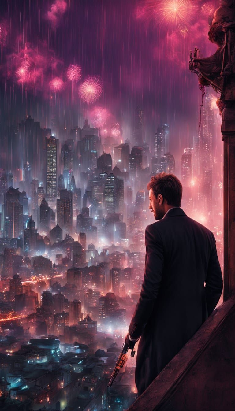 Dark Assassin Rooftop Poster in Neon-Lit Cityscape