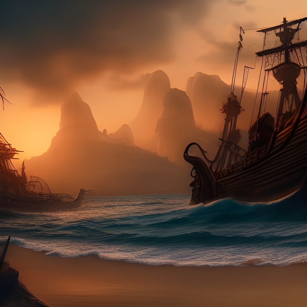 Pirate Shipwreck at Sunset: Detailed Matte Painting