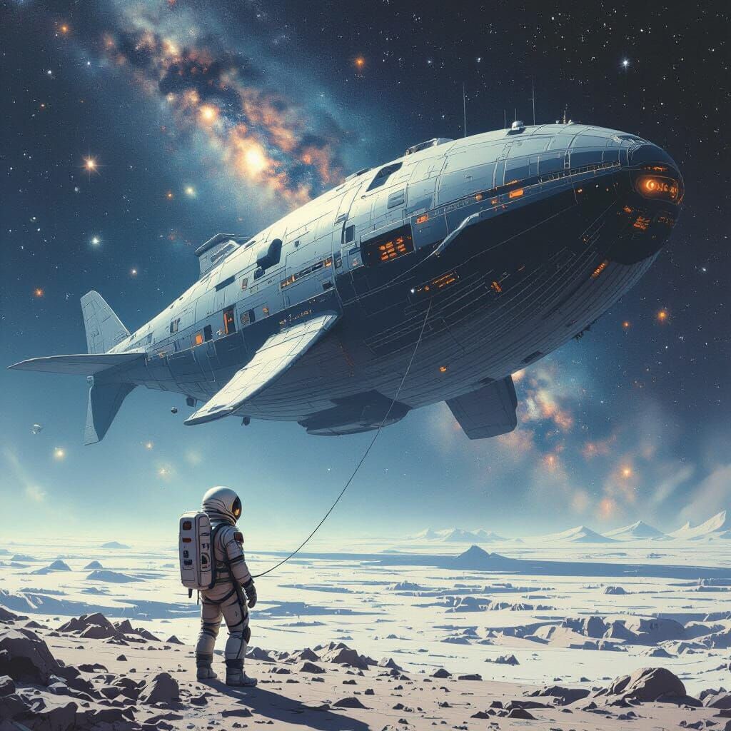 Astronaut Adrift Near Cosmic Whale Ship