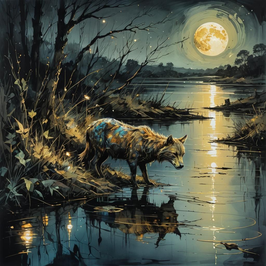 Golden Moonlit Riverscape in Ethereal Style