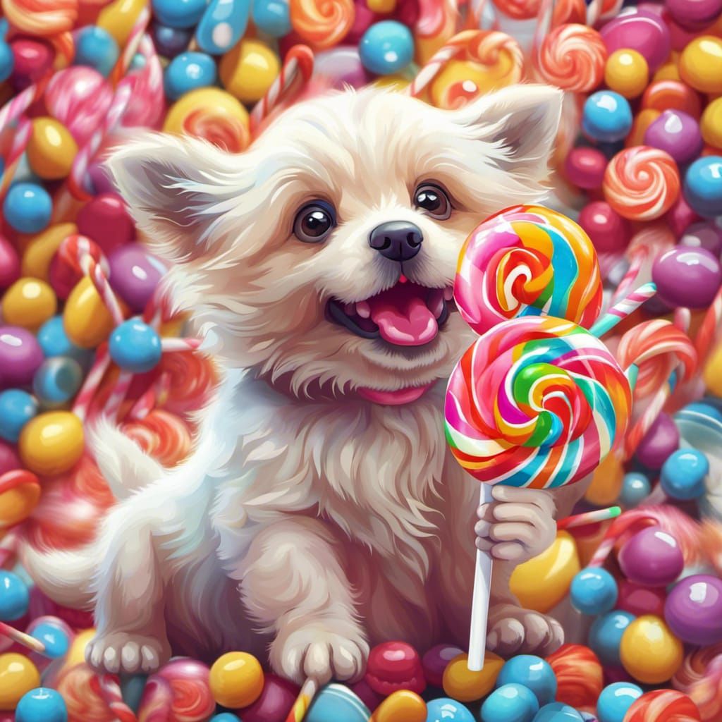 Puppy with Lollipop in Candyland, Digital Illustration