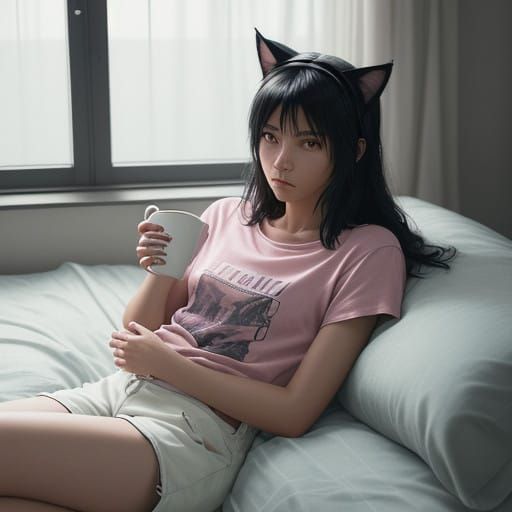 Young Woman in Pastel Pink, Cozy Morning Scene in Anime Styl...