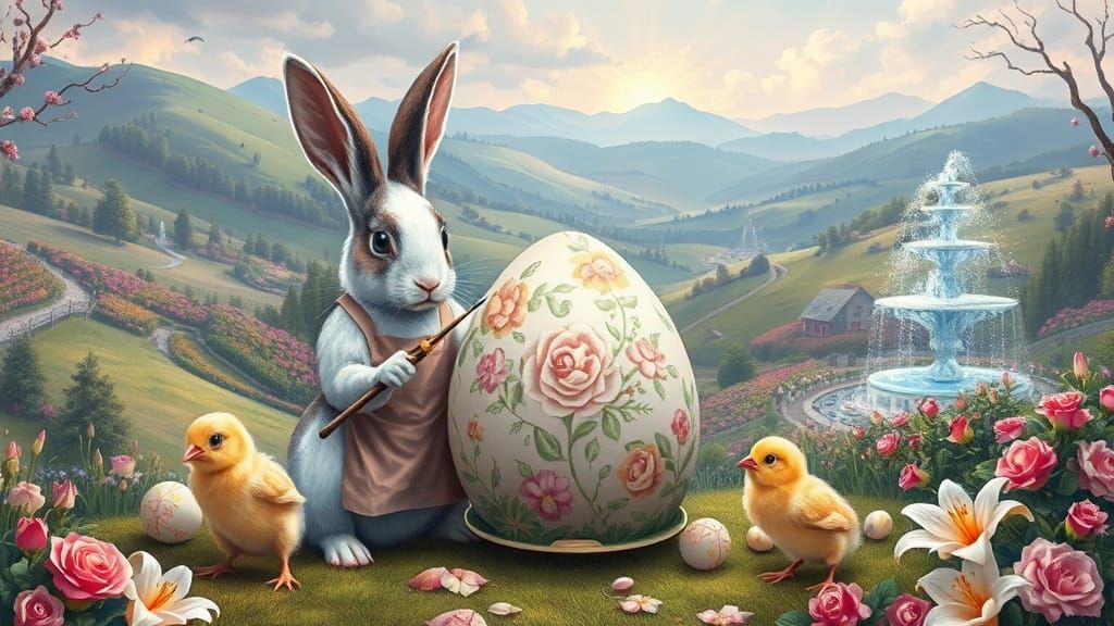 Rabbits and Chicks Painting Easter Eggs