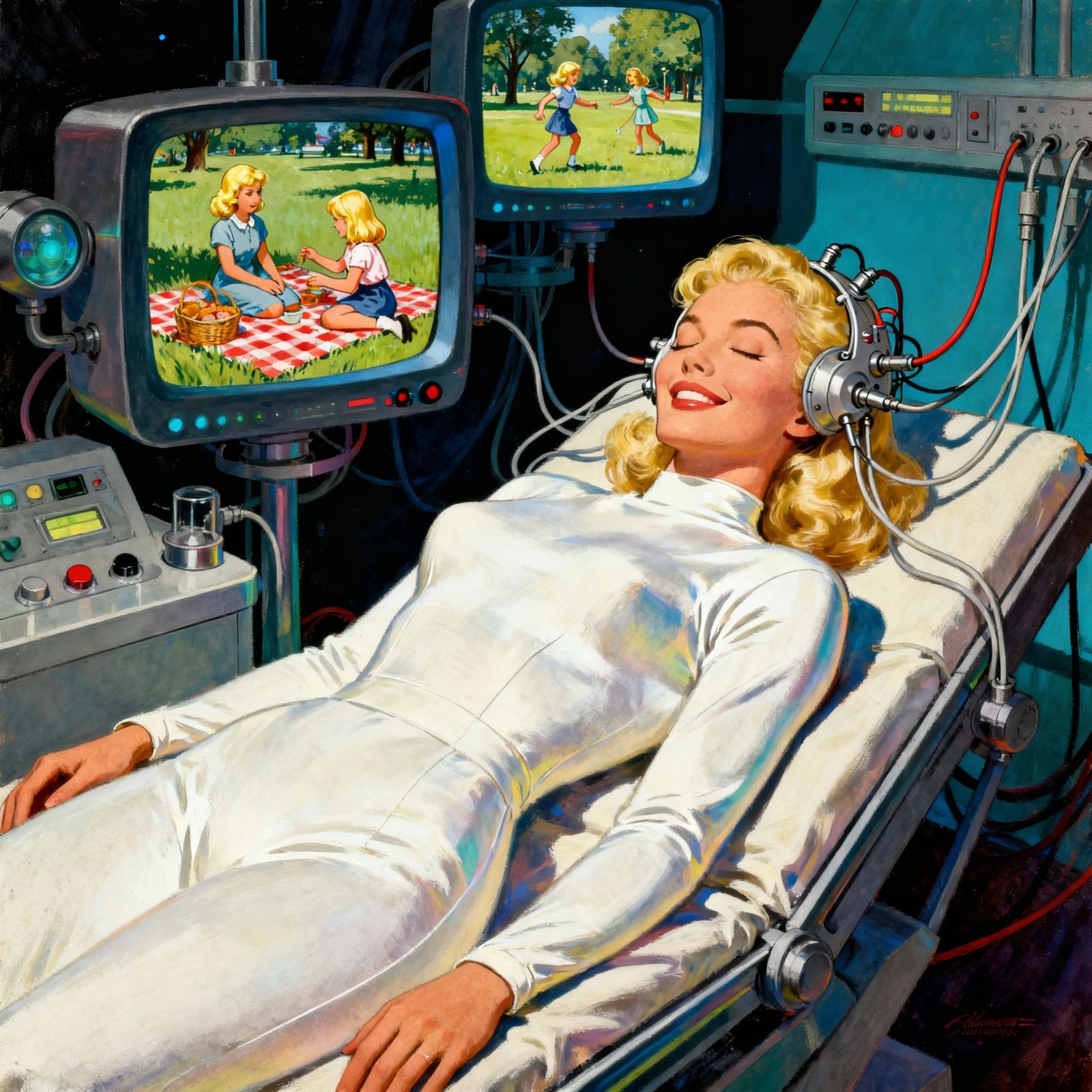 Retro Sci-Fi Art: Woman Dreaming of Family on Picnic