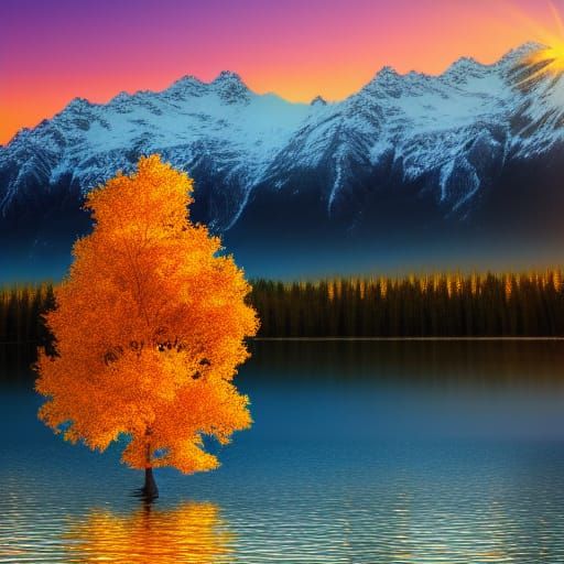 Glowing Golden Tree in Lake at Sunset