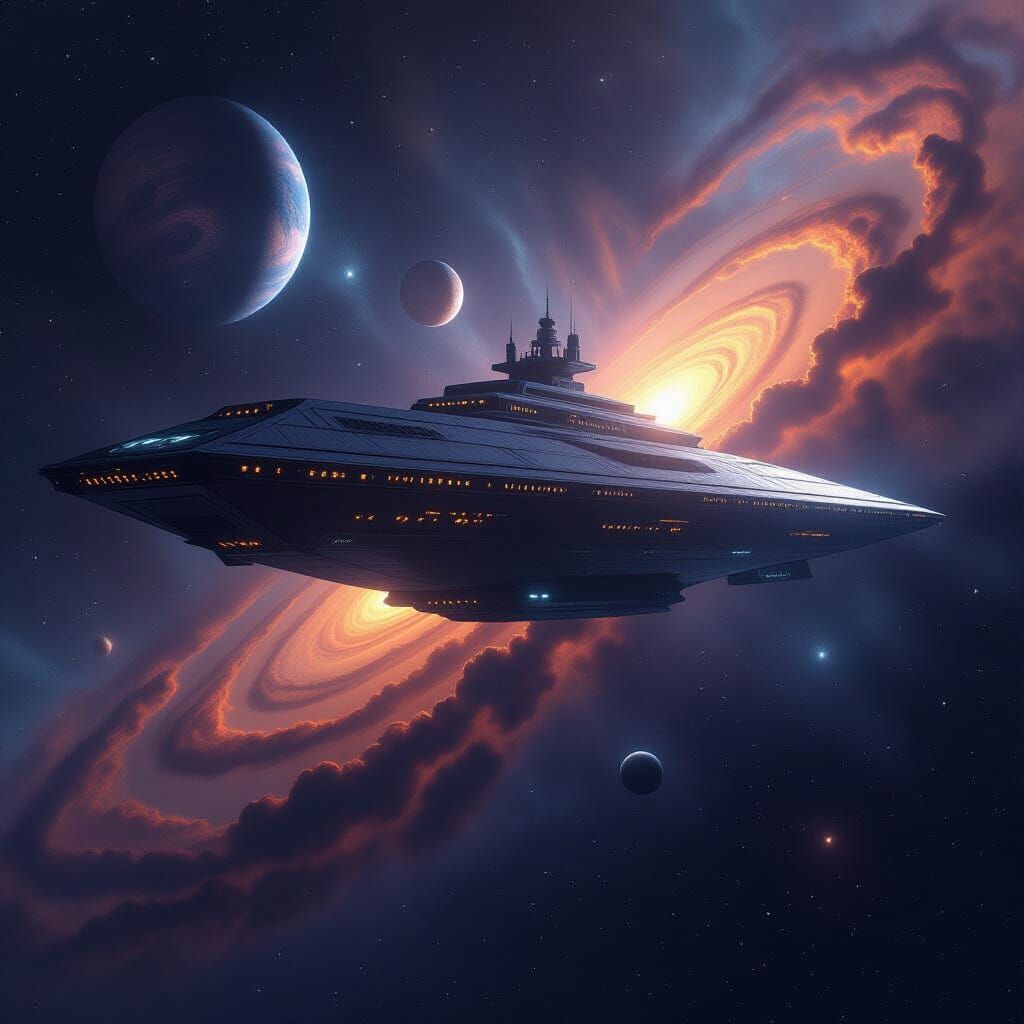 Ancient Starship Drifting Through Cosmic Nebula in Charcoal ...