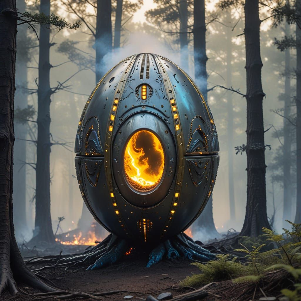Gilded Egg-Shaped Spaceship with Alien Encounter