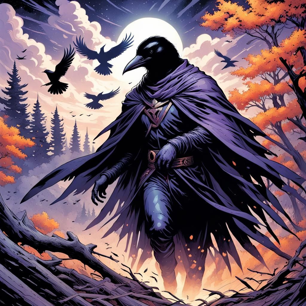 Raven Humanoid Phantom in Autumn Night Sky