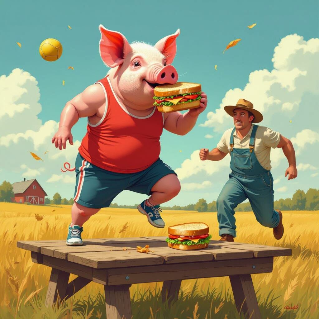 Whimsical Pig Athlete Chased by Farmer on Table