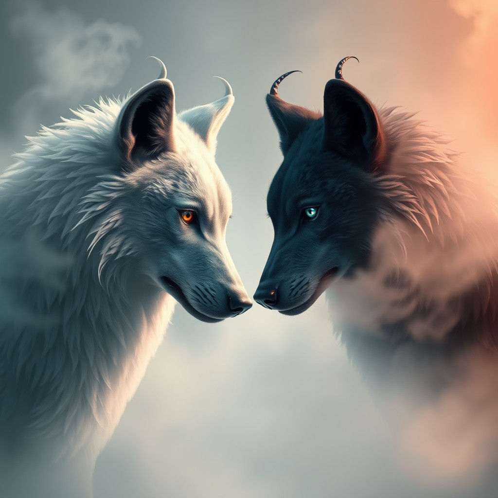 Ethereal Wolves Face to Face in Fantasy Art