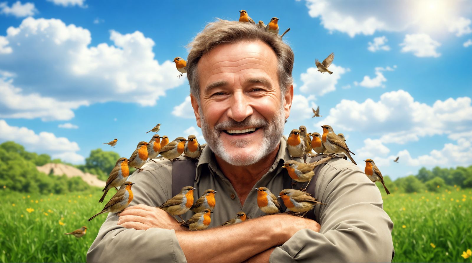 Vibrant Robin Williams Portrait with Birds in a Sunny Day Se...