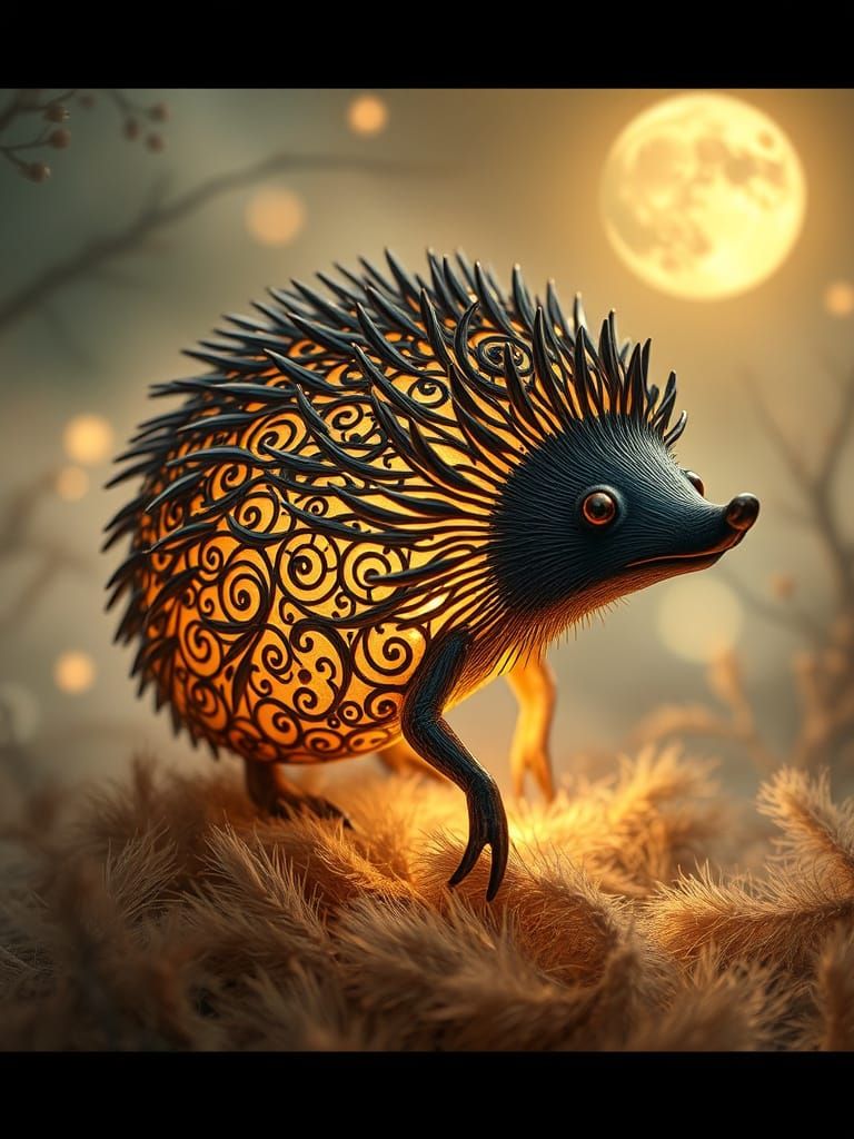 Moonlit Metal Hedgehog in Whimsical Landscape