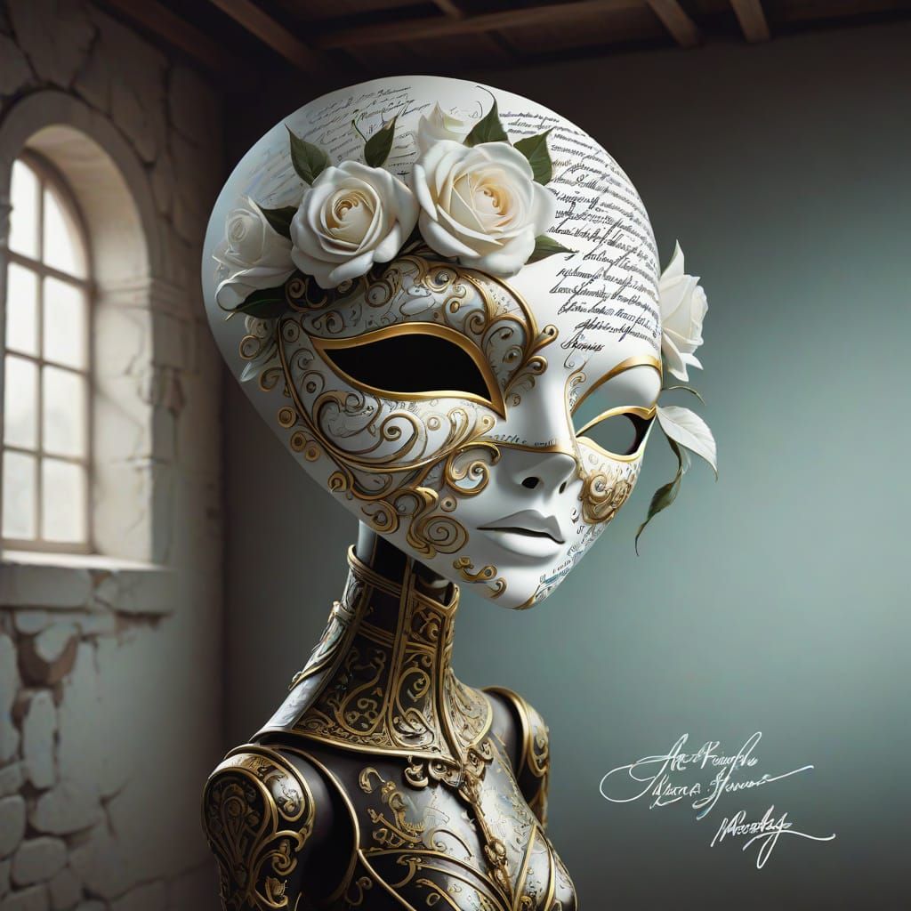 Digital Art of Illusion Mask with Calligraphy and Rose