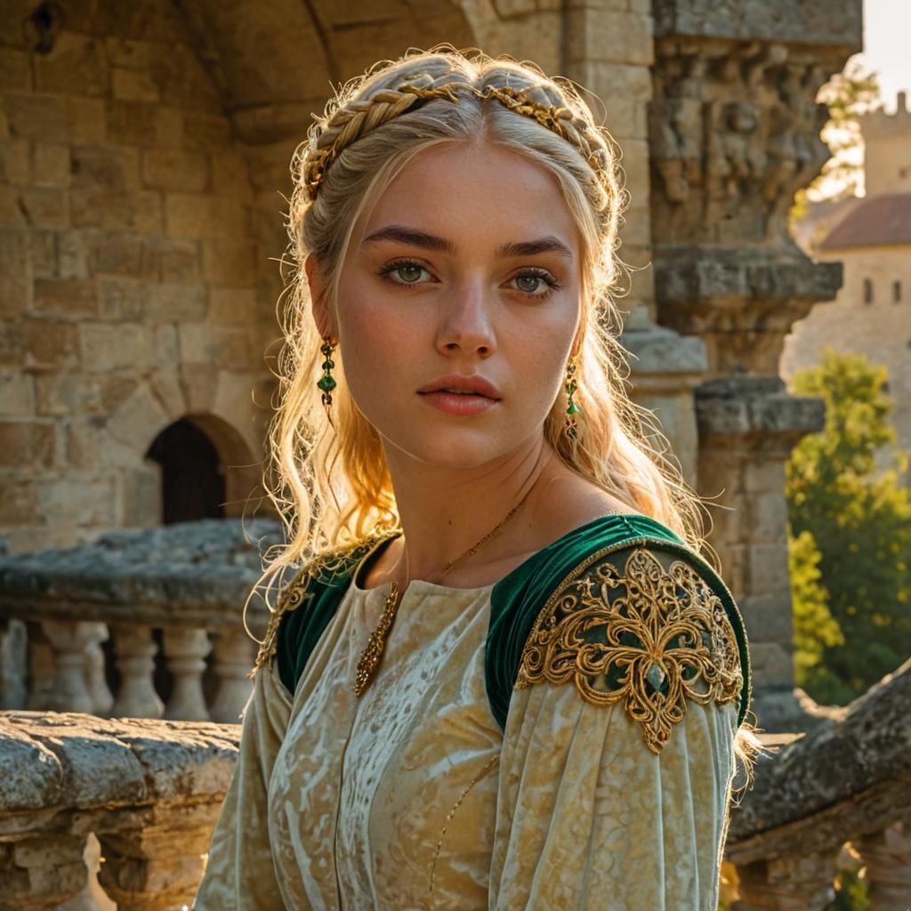 Medieval Queen on Castle Balcony in Photorealistic Style